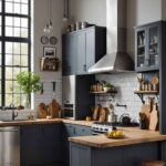 industrial kitchen with dark gray cabinets, stainless steel stove and range hood