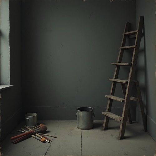 empty room with dark walls and a ladder with paint supplies