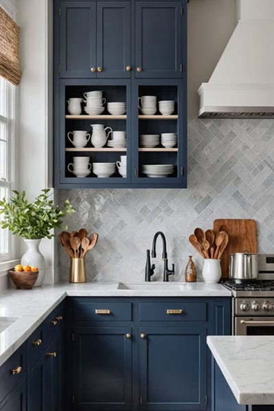 kitchen with a navy blue cabinets 