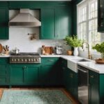 kitchen with emerald green cabinets, stainless steel stove and range hood