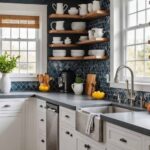 _kitchen with white cabinets, open shelves and a blue backsplash