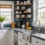 _kitchen with white cabinets, open shelves and a blue backsplash