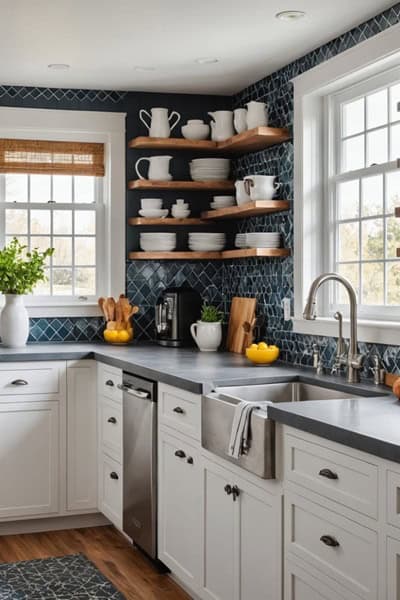 _kitchen with white cabinets, open shelves and a blue backsplash