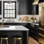 large kitchen with black cabinets and gold accents