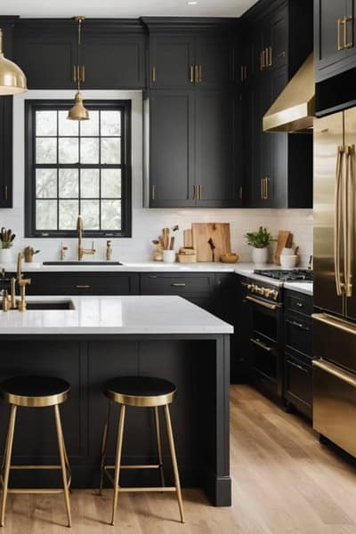 large kitchen with black cabinets and gold accents