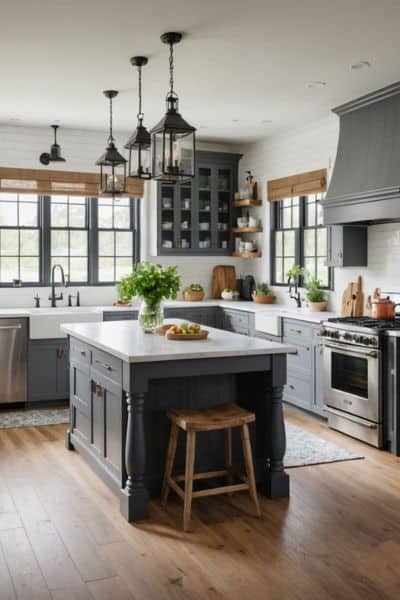 large kitchen with blue gray cabinets, island, and wood floors 