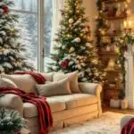 _living room decorated for Christmas with trees, lights and a cozy couch