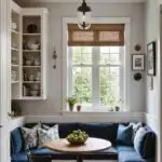 modern farmhouse kitchen banquette seating with navy blue cushions