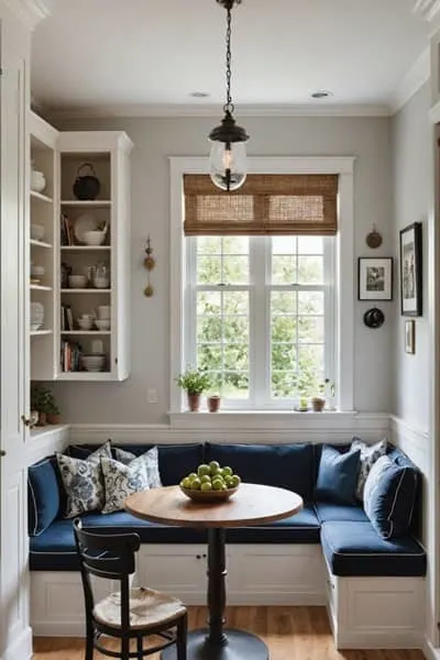 modern farmhouse kitchen banquette seating with navy blue cushions