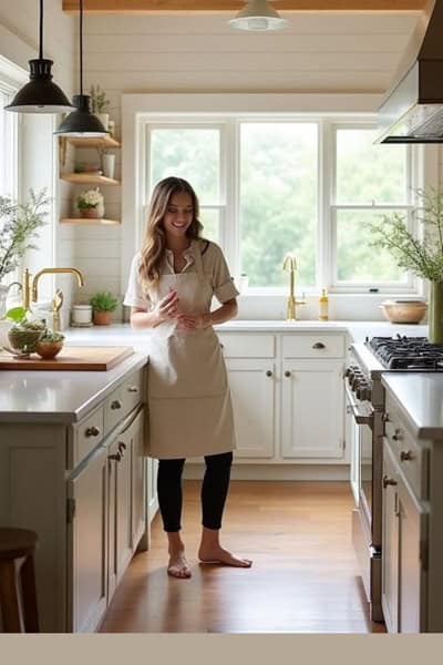 modern farmhouse kitchen white cabinets and a women standing with an apron on