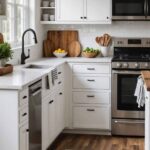 modern farmhouse kitchen with white cabinets and stainless steal appliances