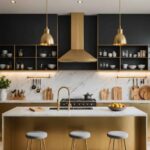 modern kitchen with black and gold cabinets and a large island