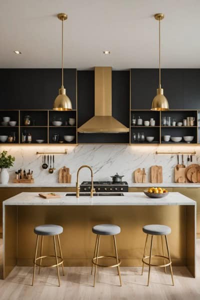 modern kitchen with black and gold cabinets and a large island