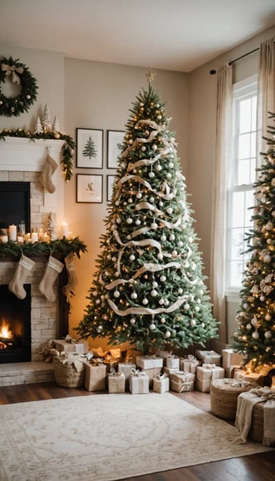 A room decorated for Christmas with neutral colors and a christmas tree draped with burlap ribbons, macramé garlands, or pearl-like beads