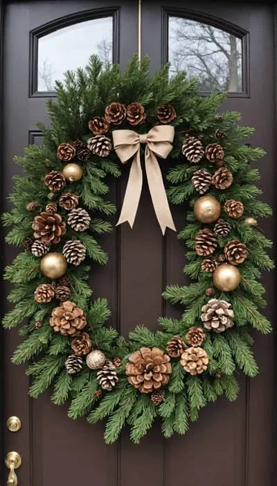 A front door with a neutral Christmas Wreath with Pinecones, acorns,