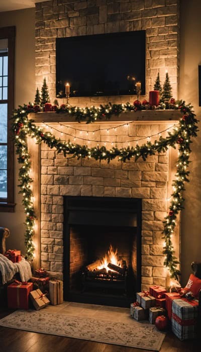 A fireplace decorated for Christmas draped with string lights