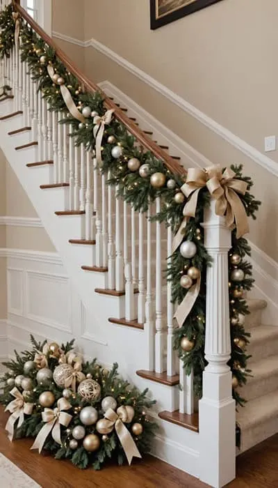 A staircase wrapped with neutral garlands around your banister. Incorporate neutral bows and minimalist ornaments