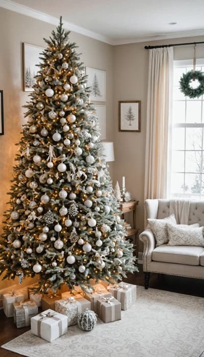 A room decorated for Christmas with neutral colors and a flocked Christmas tree