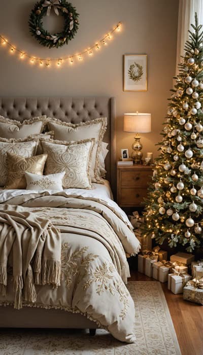 A cozy bedroom decorated for Christmas with festive ones in beige, cream, or gold tones and details of embroidery, fringe,