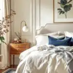 neutral bedroom with cozy bed, wood night stand and navy blue pillows on the bed