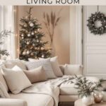 _neutral living room decorated for Christmas with tree, lights and a cozy couch