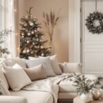 _neutral living room decorated for Christmas with tree, lights and a cozy couch