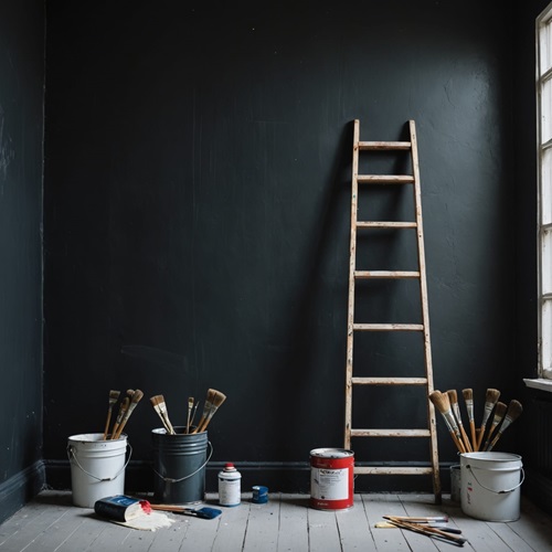 empty room with dark walls and a ladder with paint supplies