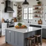 two tones kitchen with a large island and open shelving