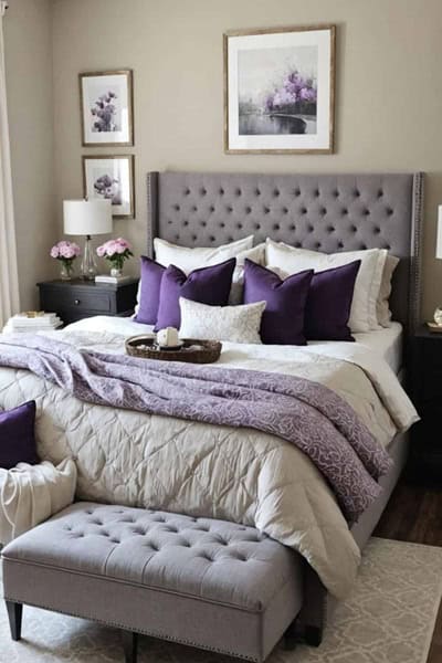 A feminine neutral bedroom that has a bed , art, night stands and a gray and purple color palette 