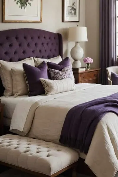 A feminine neutral bedroom that has a bed , ottoman and with purple and wood accents 