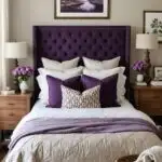 A feminine neutral bedroom that has a bed with purple and wood accents