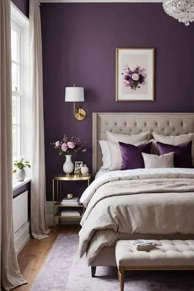 A feminine neutral bedroom with purple walls