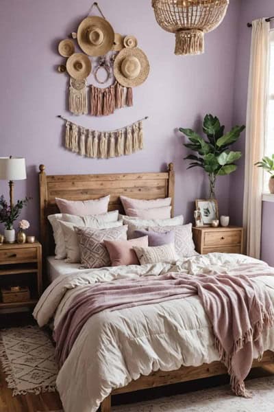 A feminine romantic boho bedroom with light purple accent