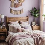 A feminine romantic boho bedroom with light purple accent