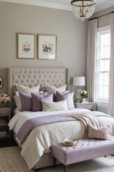 A feminine romantic, neutral bedroom with light purple accents