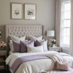 A feminine romantic, neutral bedroom with light purple accents