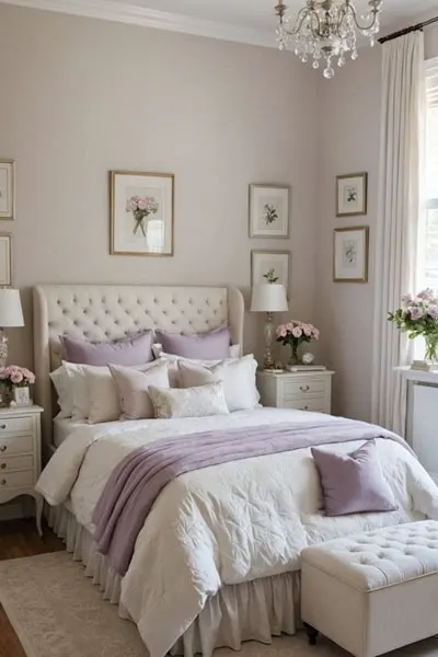 A feminine romantic neutral bedroom with light purple bedding accents and art on the walls 