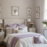 A feminine romantic neutral bedroom with light purple bedding accents and art on the walls