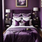 A large feminine romantic bedroom with a deep purple color palette