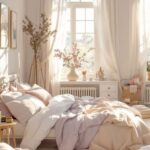 A large feminine romantic, neutral bedroom with light purple accents