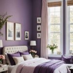 A large neutral romantic bedroom with purple walls, large bed and high ceilings