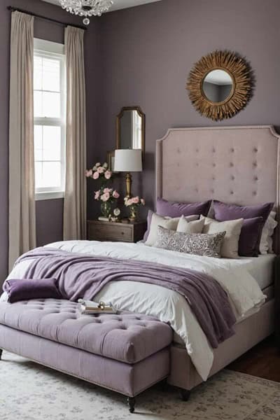 A moody romantic, neutral bedroom with light purple accents