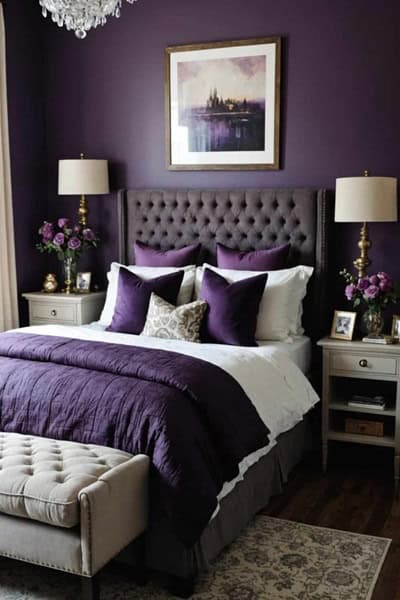 A moody romantic neutral bedroom with purple accents