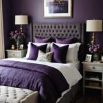 A moody romantic neutral bedroom with purple accents