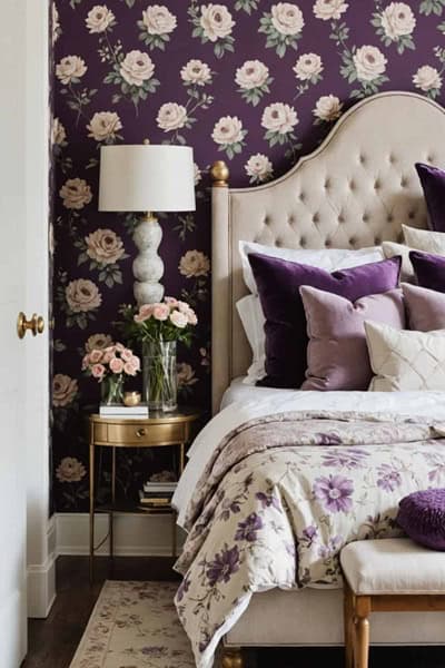 A neutral romantic bedroom with purple floral wallpaper