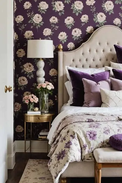 A neutral romantic bedroom with purple floral wallpaper