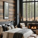 Bedroom with a bed, large window, fire place, rustic wood accent wall and ceiling