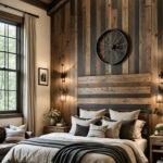 Bedroom with a bed, large window, rustic wood accent wall and ceiling