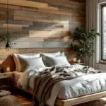 Bedroom with a bed, large window, rustic wood accent wall and ceiling (1)