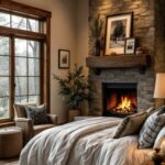 Bedroom with a bed, large window, stone fireplace and chair